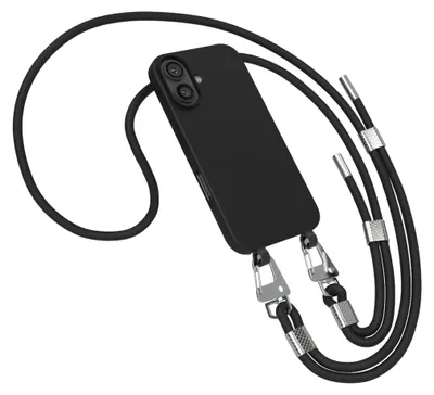 A black smartphone case with a black lanyard attached, shown against a white background.