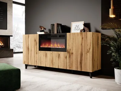 A modern living room with a wooden sideboard featuring a fireplace.