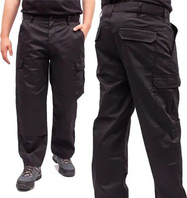 A person wearing black cargo pants, shown from the front and back.