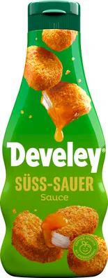 A bottle of Develey Suesssauer Sauce with images of chicken nuggets.