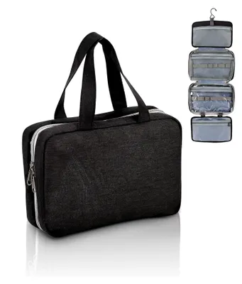 Produktbild von Kulturbeutel mit Metallhaken, faltbare Kosmetiktasche zum Aufhängen, wasserdichte Toilettentasche für Flugreisen, schwarz