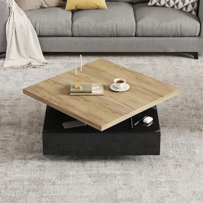 Image de Merax Table basse haute brillance pivotante à 360°, table de salon à 2 niveaux avec tiroir, table d'appoint avec espace de rangement dissimulé, noir