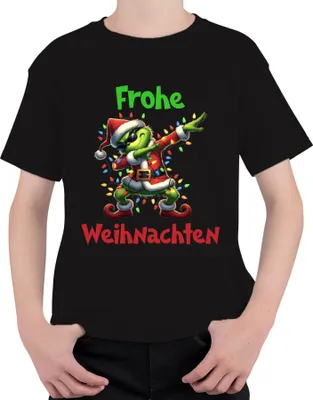 Produktbild von Frohe Weihnachten Dabender Grinch Weihnachtsmann Lichterkette Uni Kinder T-Shirt, Schwarz, 128