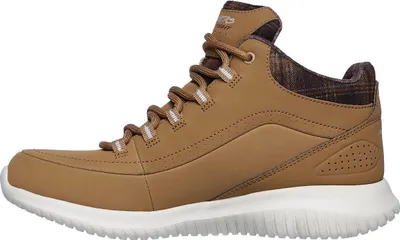 Side view of a brown high-top sneaker.