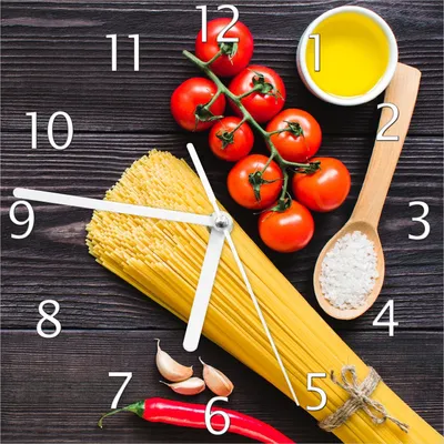 Produktbild von Wallario Design Wanduhr Italienisches Menü mit Spaghetti, Tomaten, Salz und Chilischoten aus Echtglas, Größe 20 x 20 cm