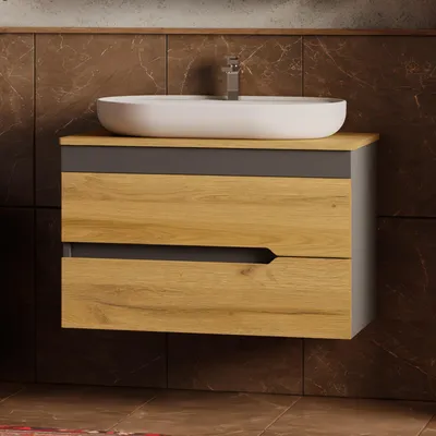 Produktbild von Waschtisch-Set 80 cm | Badezimmerunterschrank & Keramikwaschbecken Konsole Eiche