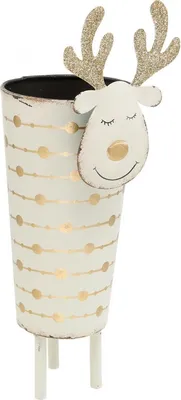 Produktbild von Weihnachtlicher Rentier-Pflanztopf aus Metall in Weiß und Gold, Festliche Tischdeko, Übertopf 28cm Ø8,5cm