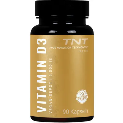 Produktbild von TNT Vitamin D3 Depotkapseln (90 Kapseln) mit Vitamin D3 aus Flechten, 100% vegan - 125 µg (5000 IE) pro Kapsel
