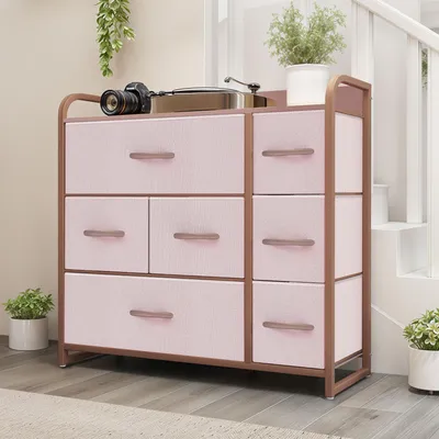 Produktbild von YITAHOME Kommode mit 7 Stoffschubladen, Metallgestell, Sideboard Aufbewahrungsschrank, Rosa
