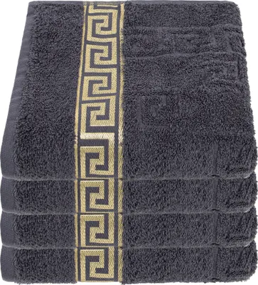 Produktbild von Luxus Medusa Handtücher 4er Set 50x90 cm - Anthrazit / Dunkel Grau - feinste Ringgarn Baumwolle / Jacquard Webung / Hochflor Frottee mit Medusa Flachprägung und goldener Medusa Bordüre