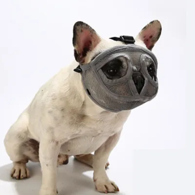 Produktbild von Maulkorb für Hunde mit kurzer Schnauze aus Netzgewebe, für Bulldogge, Beißen, Bellen, Kauen, verstellbar,Grey,L