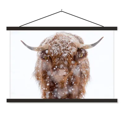 Produktbild von MuchoWow® Textilposter Schottischer Highlander - Schnee - Porträt 60x40 cm mit schwarzem Rahmen - Hölzernes