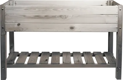 A wooden raised garden bed with a slatted shelf underneath, shown against a white background.
