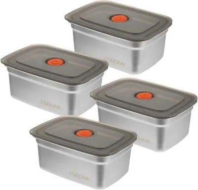Obrázok produktu pre Sada 4 kusov nepretekajúcich nádob na jedlo s viečkom, 18 x 13 x 8 cm, nerezová oceľ, na pizzu, chlieb, ryžu, 1500 ml