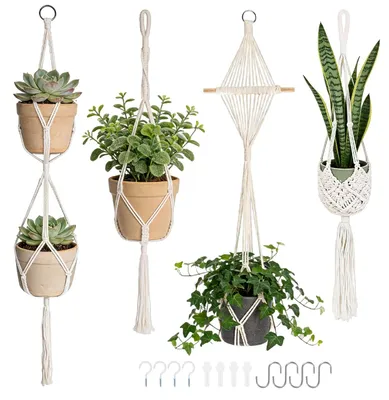 Image de Lot de 4 suspensions en macramé pour l'intérieur, décoration bohème, pots de fleurs en macramé avec crochets, pots suspendus en corde de coton avec pompons, suspensions pour la chambre, le jardin, le balcon et la fenêtre
