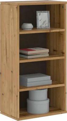 A wooden bookshelf with items on its shelves.