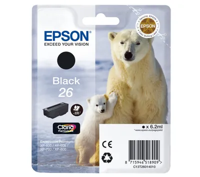 Zdjęcie produktu dla Epson Polar bear Singlepack Black 26 Claria Premium Ink, Czarny, Tusz na bazie pigmentu, 6,2 ml, 1 szt., 220 stron(y)