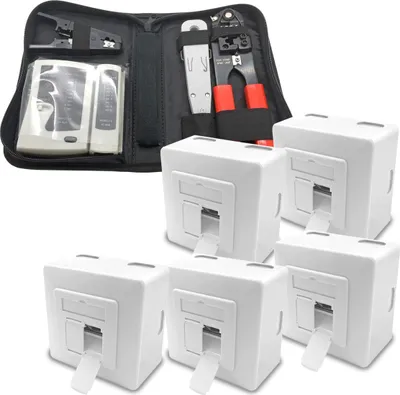 Produktbild von 5x ARLI Cat6a Netzwerkdose 2 Port + Werkzeugset ( Crimpzange + Tester + LSA + Kabelmesser )