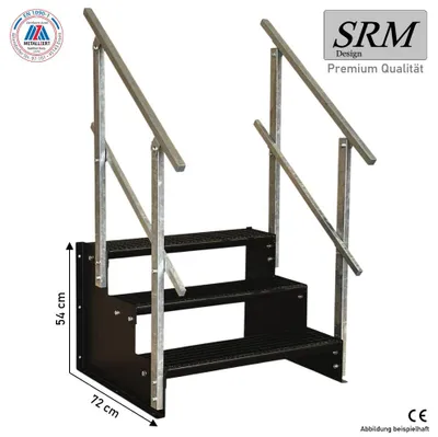Produktbild von 3 Stufen Standtreppe Modell 2 komplett schwarz Treppe Stahltreppe Tritthöhe 18 cm Breite 60 cm Höhe 54 cm 2x Geländer