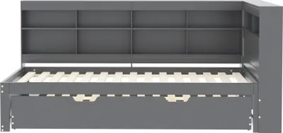 Produktbild von Flieks Einzelbett Holzbett 90x200cm mit Ausziehbett, Jugendbett Kinderbett mit Regal, Schlafsofa Sofabett Tagesbett mit Lattenrost, Grau