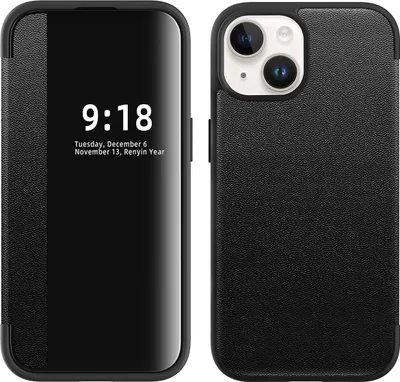Image de Étui pour iPhone 15 étui fin à rabat en cuirPolyuréthaneavec fenêtre d'affichage noir