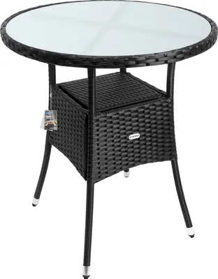 Produktbild von CASARIA® Polyrattan Gartentisch 60cm Rund 5mm Sicherheitsglas Höhenverstellbar 80kg Belastbarkeit Wetterfest Terrasse Balkon Beistelltisch Tisch Schwarz