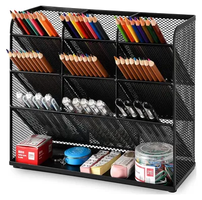 Image de Organiseur de bureau en filet, porte-crayons multifonctionnel, compartiment de rangement pour fournitures scolaires et de bureau (noir)