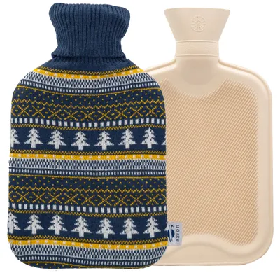 Image de Bouillotte Axion avec housse, bleu et jaune, motif de pin sur un côté, 33 x 20 cm, env. 2 l, 100 % caoutchouc naturel