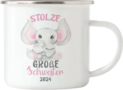 Produktbild von Stolze Große Schwester 2024 Emaille Tasse Elefanten Liebe Familie Schwestern Zusammenhalt Geschwister Geborgenheit