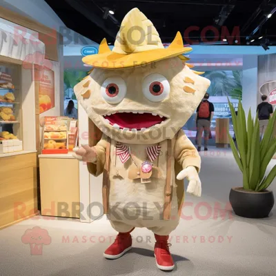 Produktbild von Beigefarbener REDBROKOLY Fisch-Tacos Maskottchen Kostüm charakter bekleidet mit einem Overall und Handtaschen