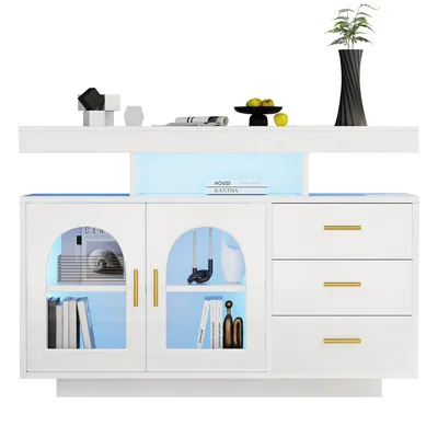 Produktbild von Merax Kommode Sideboard mit Hochglanzfront, Kommode mit 3 Schubladen und 2 Türen, Buffet Anrichte inkl. LED, Weiß