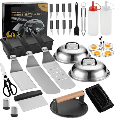 Obrázek produktu pro Sada příslušenství pro grilování Plancha, příslušenství pro gril Blackstone, sada na drcení burgerů se špachtlí pro plancha, lis na burgery Smash, zvon na burgery, 28dílná sada grilovacího náčiní pro plancha, teppanyaki, ohniště