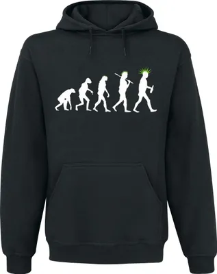 Produktbild von Kapuzenpullover Evolution Schwarz mit großem Brustdruck "vom Affen zum Punk"