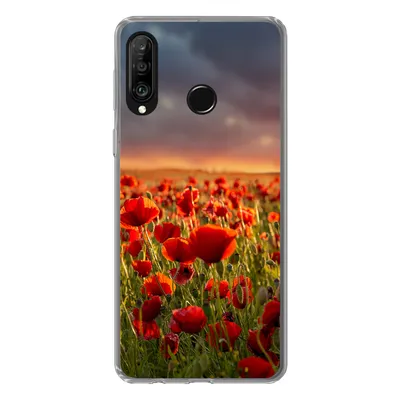 Produktbild von MuchoWow® Handyhülle Schutzhülle Hülle für Huawei P30 Lite Sonnenuntergang über einem Feld von Mohnblumen Silikon Softcase Handy Hülle - Handyhülle