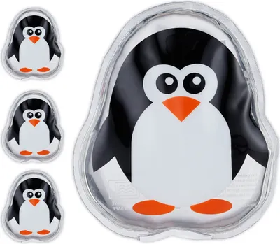 Produktbild von Relaxdays Kühlpads Kinder, 4er Set, Kalt Warm Kompresse, Pinguin, HxB: 11 x 9 cm, Kühlkissen Gel, Kühlpack, schwarz/weiß