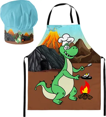 Produktbild von Kochmütze + Kochschürze, Set 2-teilig, für Kinder, Jungen und Mädchen, Kochhaube und Schürze mit Klettverschluss, Dino [099]