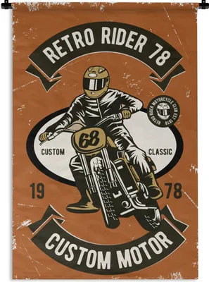 Produktbild von MuchoWow® Wandteppich Wandbehang Motorrad - Helm - Retro - Zitat 60x90 cm Tapisserie Dekoration Wandtuch - Foto-Teppich - Abwaschbar