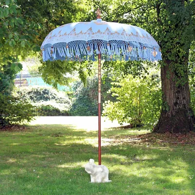 Produktbild von Sonnenschirm Bali Schirm 180 cm Hellblau Gold Bemalung Fransen Gartenschirm Baumwolle Sonnenschutz Handarbeit Dekoschirm Model Sophie