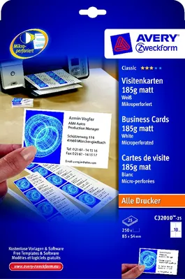 Produktbild von Visitenkarten Inkjet/Laser/Kopier 185g weiß VE=30x250 Stück