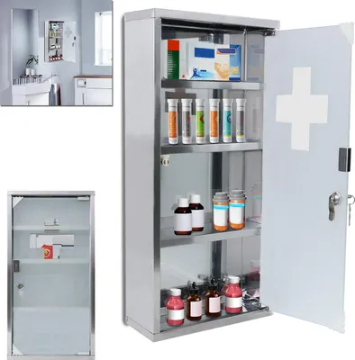 Image de XINZI Armoire à pharmacie avec porte en verre et 4 clés verrouillables Armoire à médicaments en acier inoxydable Suspendue Armoire à médicaments - 2 compartiments