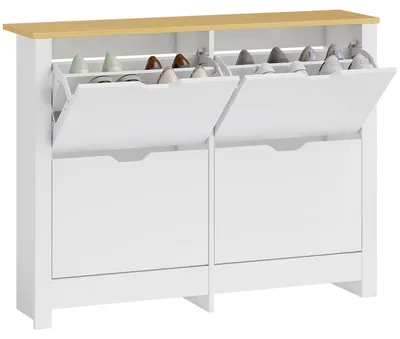 Productafbeelding van Smalle schoenenkast met 4 neerklapbare vakken voor 8-16 paar schoenen, 105 x 26 x 80 cm, wit + naturel