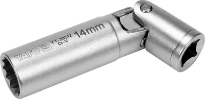 A close-up studio shot of a silver, articulated socket wrench extension on a white background.