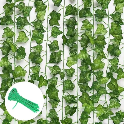 Produktbild von Künstlicher Efeu, 12-teilige künstliche Efeugirlande, Efeuranke mit Kabelbindern aus Nylon für Hochzeiten, Küche, Garten, Partys, Wanddekoration