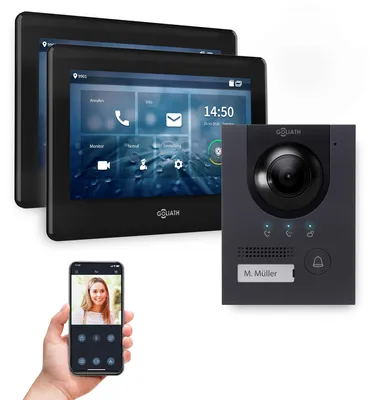 Produktbild von GOLIATH IP Aufputz Video Türsprechanlage Set für 1 Familienhaus (Anthrazit 180° Türstation, 2x7" Touchscreen Monitor Schwarz, App)