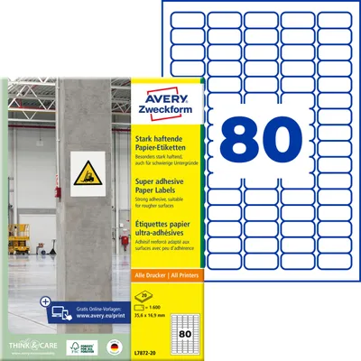 Produktbild von Avery Zweckform L7872-20, Stark haftende Papier-Etiketten, A4, 35,6 x 16,9 mm, 1.600 Etiketten / 20 Bögen, weiß