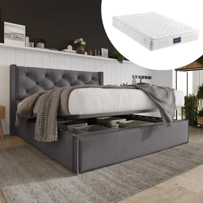 Obrázok produktu pre Postel s čalúneným rámom, 140x200 cm, sivá, s úložným priestorom, hydraulickým roštom, kovovým rámom a matracom, dvojlôžko do spálne
