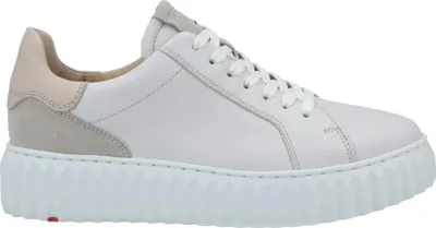 A side view of a white sneaker with beige and gray accents.