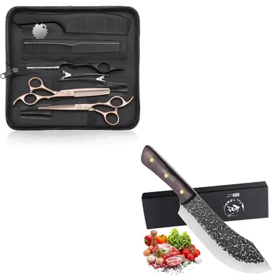 Produktbild von Friseurscheren Set & Kochmesser Bundle Roségold/Schwarz 6.5" Haarschere 30cm Fleischmesser