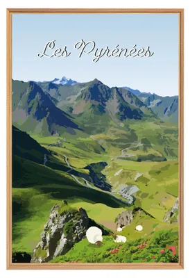 Image de Tableau mural encadré illustration les Pyrénées 65x97 cm, Tableau mural moderne pour décoration intérieure