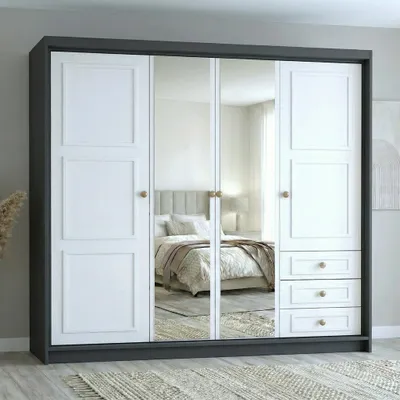 Produktbild von Geräumiger viertüriger Kleiderschrank OSLO mit Schubladen und Metallgriffen – modernes Design Farbe: Graphit , Weiß